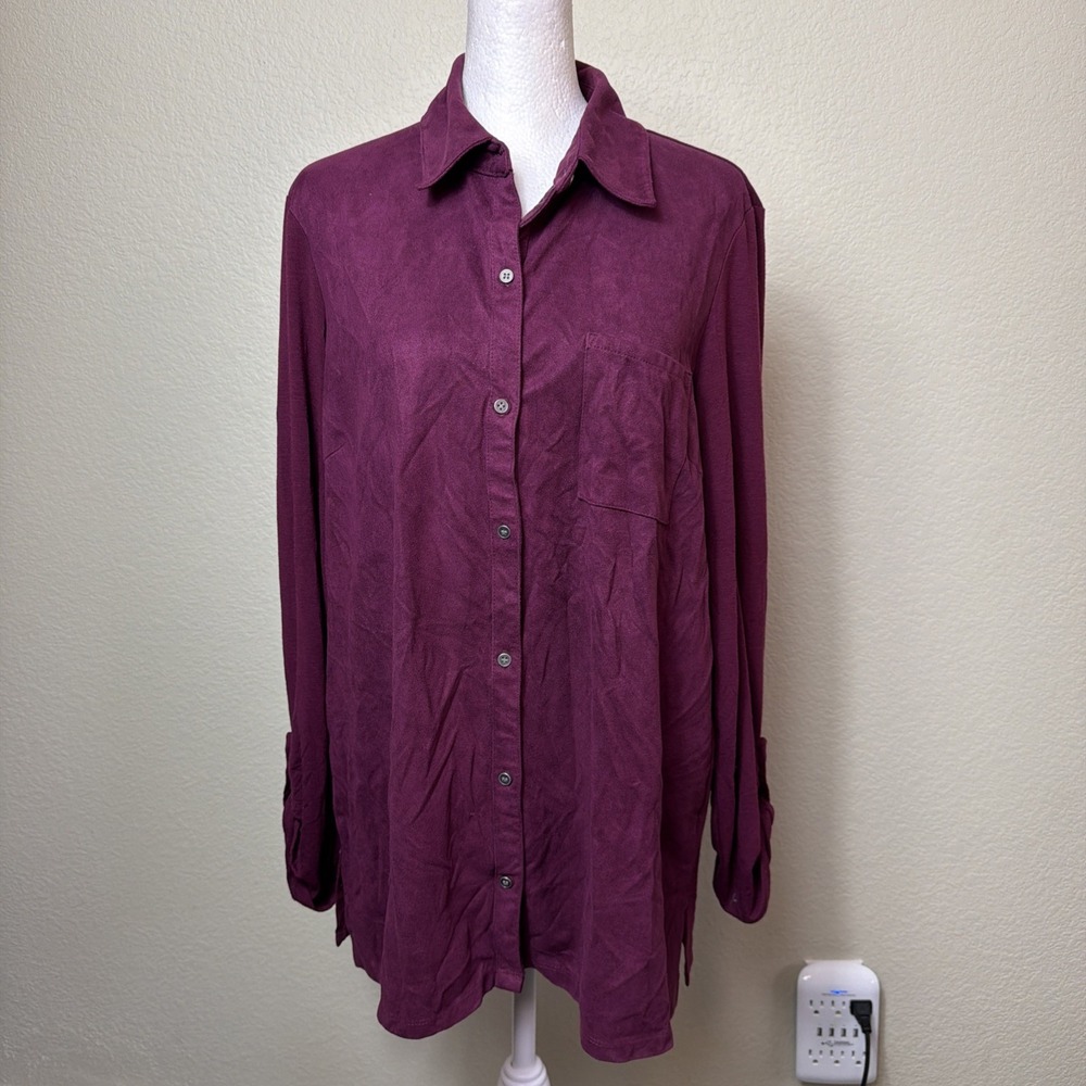 Grayson Shirt Womens Large Faux Suede Button Up Roll Tab Sleeve Plum Blouse L